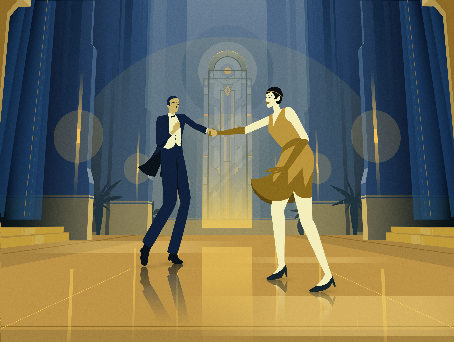 Dance 2d animation art deco artwork character dance dance hall flat design hollywood hollywood hills illustration illustrator mansion party sek sekond swing swing dance swing music