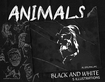 Animals from Creatory Black & White Illustration Pack animal illustrations animals black and white flip flop grunge art hand drawn illustrations illustrator line art merch design panther poster design silhouette stencil art tattoo style