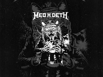 meowdeth cat artwork artistic band logo black and white cat face chains comic style commander goggles helmet megadeth megadeth band military uniform music parody skeleton surreal