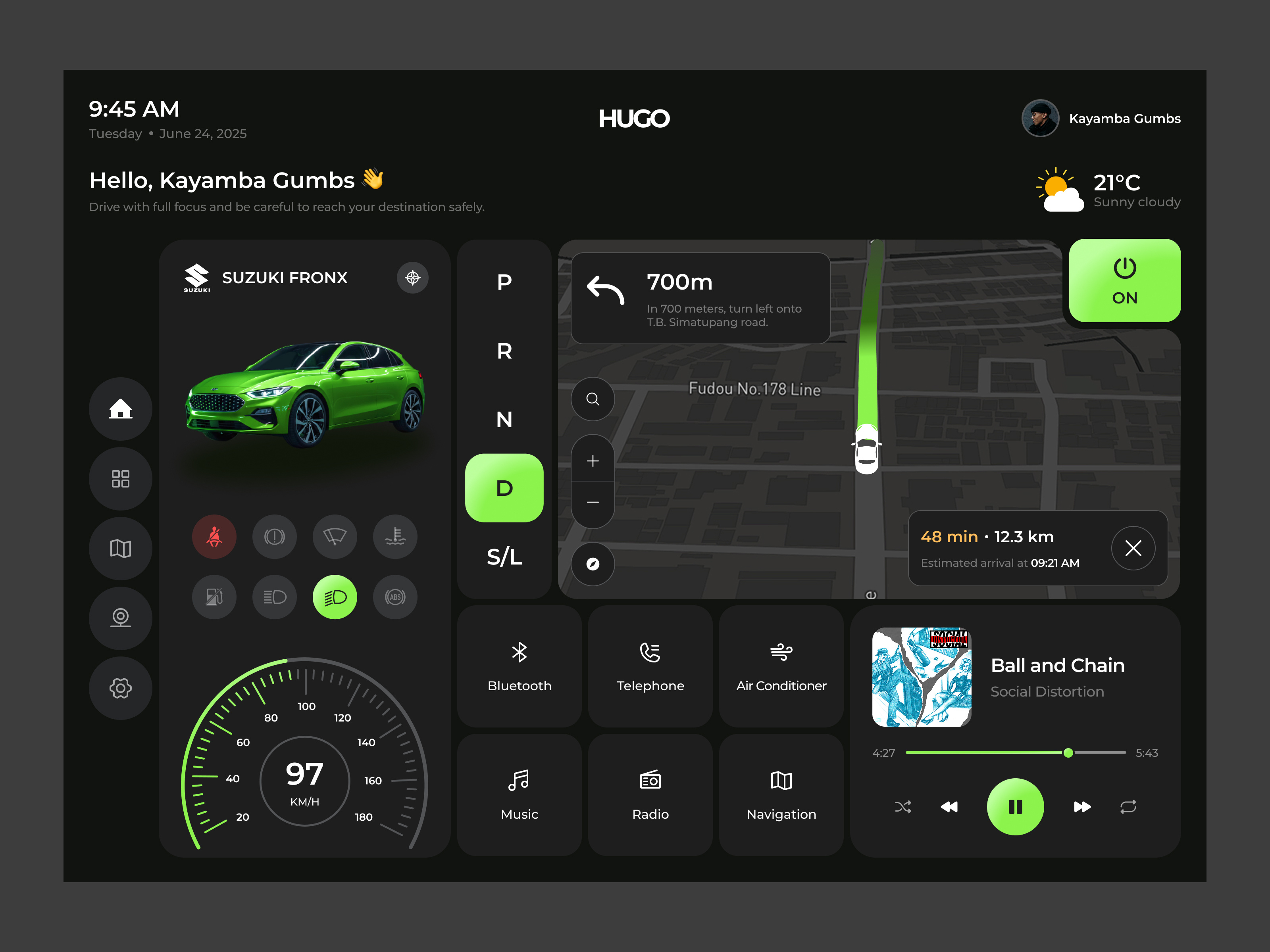 Hugo - Car Dashboard Concept 3d car car interface clean concept dark dark dashboard driving interface map modern modern dashboard navigation road route ui ui ux vehicles