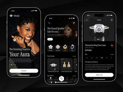 Obsidy - Luxury Jewelry Mobile App amethyst black diamond clean crystal design diamond earring gem jewel jewelery mobile app jewellery jewelry mobile mobile app pendant ring shine ui user interface