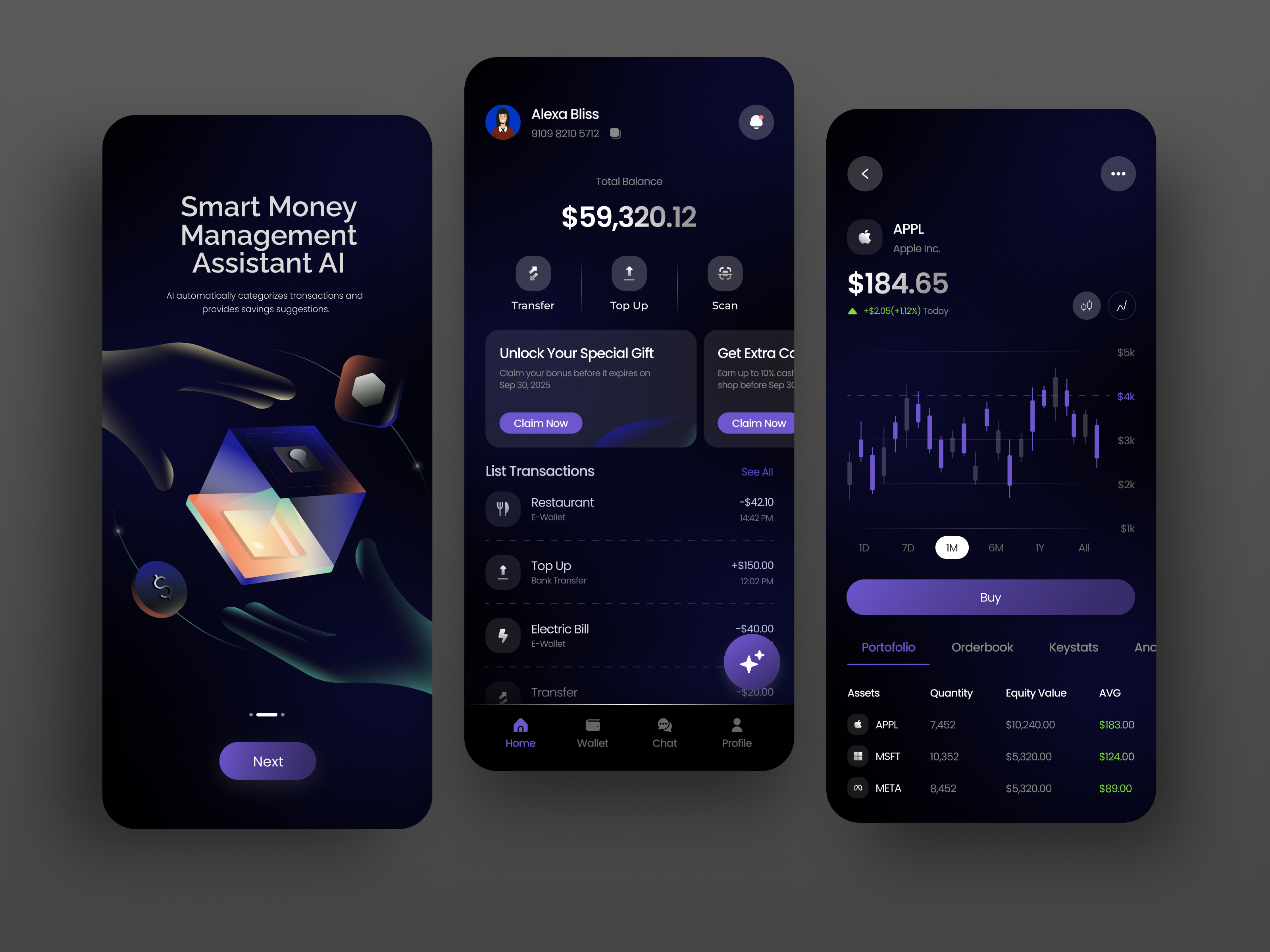 AI Finance Mobile App 3d ai ai finance animation app branding clean dark mode design financial graphic design illustration mobile app simple stock ui ux website
