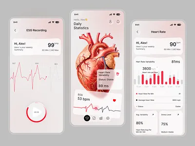 Heart Monitoring & Health Analytics Mobile App android app app design data visualization figma health app health dashboard health monitoring healthcare app heart rate ios app medical app minimal design mobile app mobile interface mobile ui modern app design product design ui ux