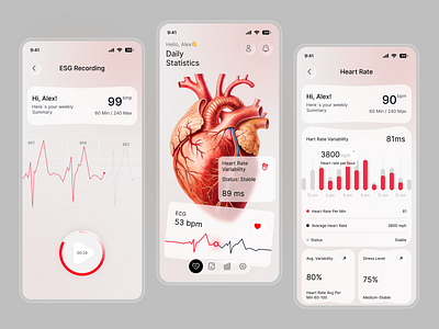 Heart Monitoring & Health Analytics Mobile App android app app design data visualization figma health app health dashboard health monitoring healthcare app heart rate ios app medical app minimal design mobile app mobile interface mobile ui modern app design product design ui ux