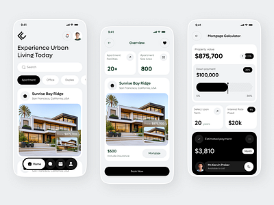 Real Estate Property App Design apartment listing app design clean design home buying app mobile app mobile ui design modern app design mortgage mortgage calculator mortgage rate tracker property app real estate app real estate ui uiux design
