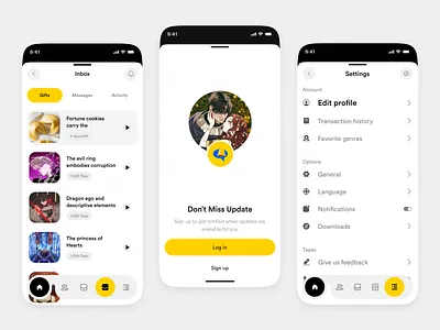 Anime & Manga App Design app concept app design clean ui comic app inbox screen ios app manga app minimal design mobile mobile app design mobile app ui mobile interface modern ui product design settings screen ui design update screen uxui webtoon