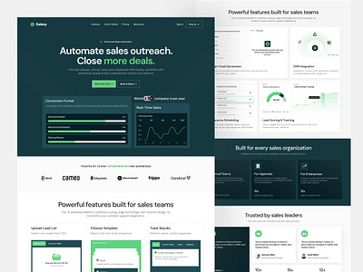 Salesty | AI Sales Outreach & Email Automation Platform landing ai platform automation b2b saas conversion design crm email automation green accent hero section interface design landing page marketing tools modern web professional design saas sales automation sales tools testimonials ui design web design