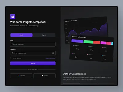 Workora — Workforce Analytics Login Experience admin panel analytics clean design dark mode design form hr management human resources login page management minimalist sign in sign up ui uidesign uiux ux uxdesign web design website