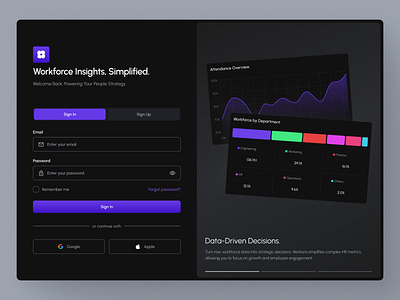 Workora — Workforce Analytics Login Experience admin panel analytics clean design dark mode design form hr management human resources login page management minimalist sign in sign up ui uidesign uiux ux uxdesign web design website