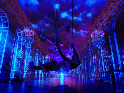 ˚°‧. ⊹ .‧°˚ blue castle chandelier cloudy dreamscape graphic design hall of mirrors illustration lighting majestic male neon palace photoshop purple retro royal swing vaporwave versailles