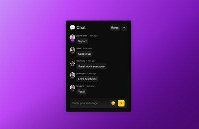 💬 Live Streaming Platform: Chat Section app avatar chat dark gold interaction live message mode moderation platform section streaming text timestamp user website yellow