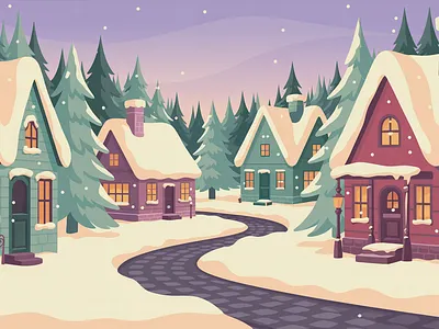 Seasonal Atmosphere: The Winter Village adventure art commission christmas art cozy environment flat design holiday marketing illustration landscape illustration outdoor seasonal campaign travel vector illustration village web winter landscape
