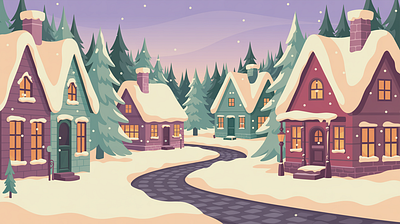 Seasonal Atmosphere: The Winter Village adventure art commission christmas art cozy environment flat design holiday marketing illustration landscape illustration outdoor seasonal campaign travel vector illustration village web winter landscape