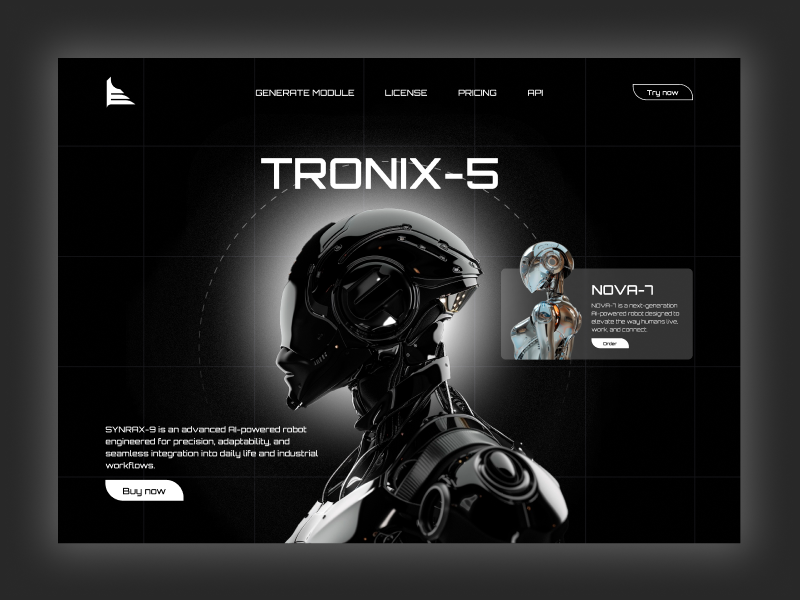 AI Robotics Product Landing Page – Futuristic Hero Section 3D UI 3d 3d robot ai artificial intelligence cyberpunk dark theme figma futuristic hero section interaction design landing page neon product website robot robotics sci fi startup ui ux web design