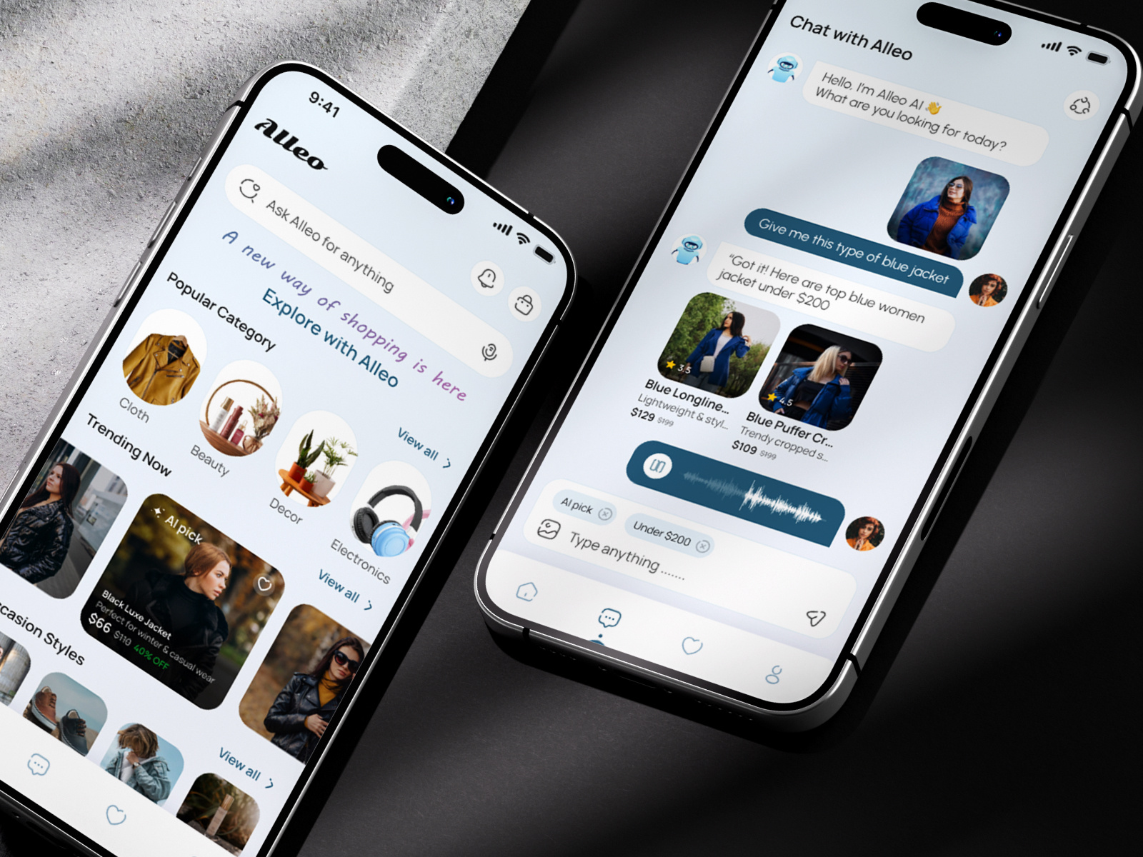 Alleo – AI Powered Fashion Shopping App UI/UX Design ai assitance ui ai shopping app app design ecommerce app ecommerce store fashion app fashion design fashionecommerce minimal ui mobile app mobile design mobile ui modern ai app online shopping productdesign ui design uiux ux design visualsearch voice interaction