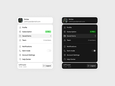 Profile dropdown - Dark & Light themes account clean dropdown modal modern popup pro profile saas settings subscription ui ux web