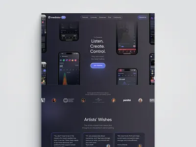 Mediator. Landing Page Design analytics branding clean ui dark theme design finance financedesign fintech ignat landing page music platform product page product website productdesign promo page ui ui design uxui web design website concept