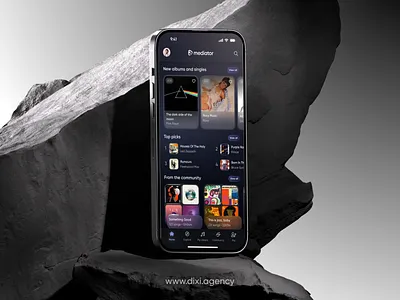 Mediator. Music Discovery App (Hero Screen) analytics app concept branding dark mode design finance financedesign fintech ignat illustration iphone mockup mobile ui music app music discovery product design productdesign ui ui design uxui