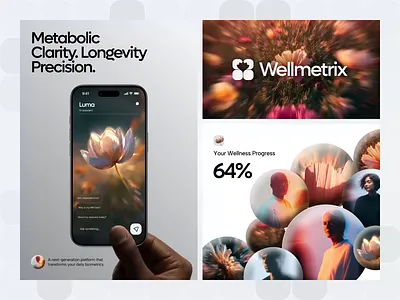 Wellmetrix® - Logo and Brand Identity ai assistant brand identity design clinic branding digital wellness ehealth logo futuristic wellness identity health branding healthcare branding healthcare logotype healthcare mobile app design healthcare saas hospital logo longevity app interface medical technology medtech branding medtech design organic logomark design patient portal design science branding wellness branding