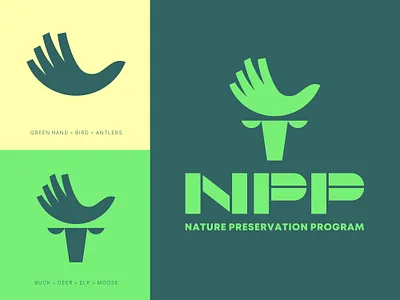 Nature Preservation Program acronym animal antlers bird branding buck deer elk future green hand initials logo moose nature preservation program symbol wordmark