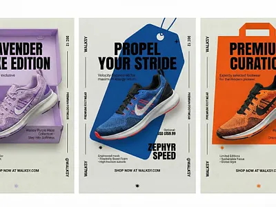 Walksy — Premium Footwear Launch Posters/marketing visuals advertising brand identity branding creative direction e commerce design editorial design footwear graphic design identity marketing design minimal modern design poster design product design shoe design typography ui visual identity