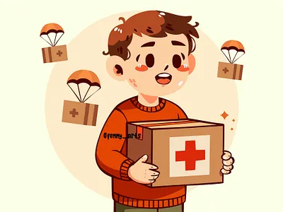 Cartoon Boy Happily Holding Box background charity community day donation group heart help helping human humanitarian participation service support team teamwork together unity volunteer welfare