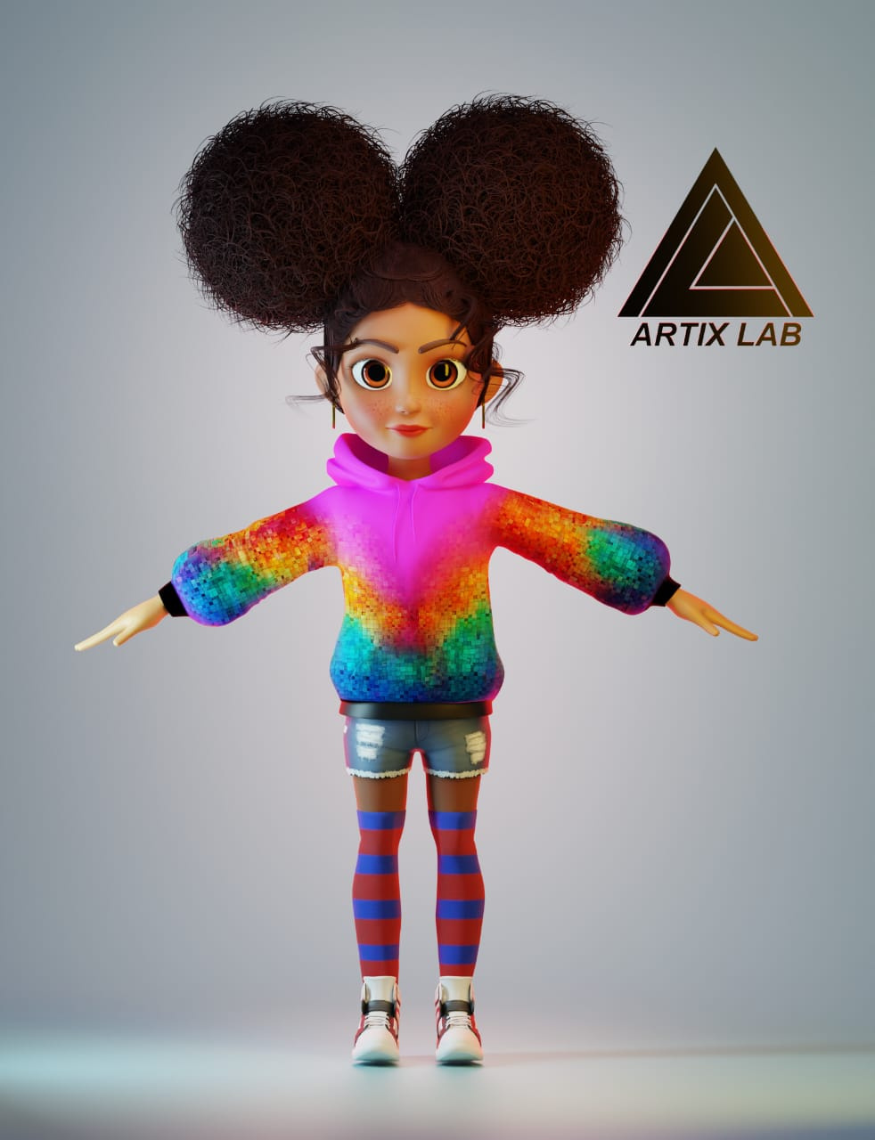 Rainbow Hoodie Heroine 3dart 3dcharacter 3dmodeling 3drender animationstyle artixlab cgiart characterdesign colorfulart creativedesign cutecharacterdesign digitalart rainbowhoodie stylizedcharacter