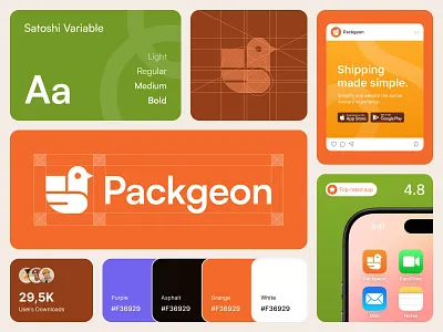 Packgeon - Parcel Delivery Branding 📦 app branding brand guidelines brand identity branding color palette colorful delivery branding logo logo branding logo design mascot branding mascot logo modern branding parcel service shipping app shipping brand shipping logo ui visual branding visual identity