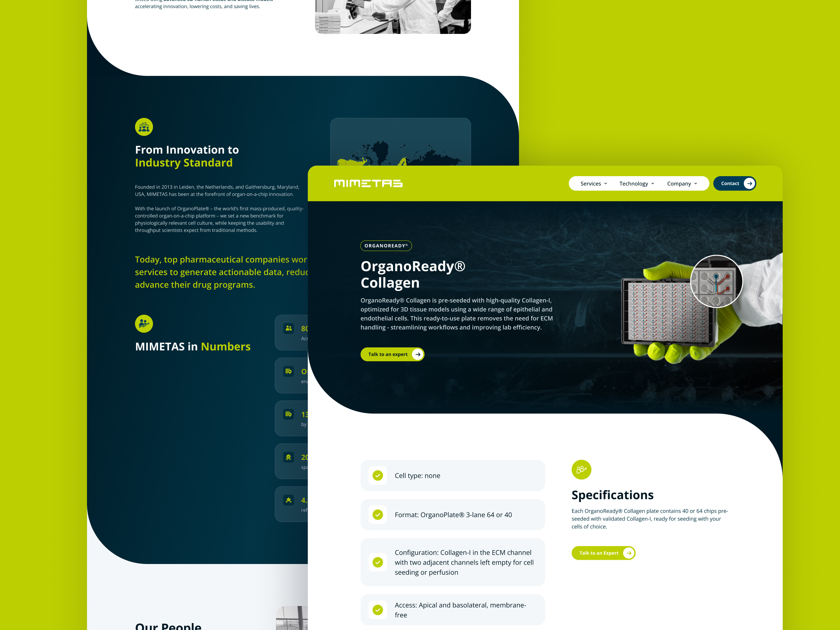 Mimetas Website Design biotech clean graphic design green healthcare homepage landing page medical product science tech ui ux webdesign website