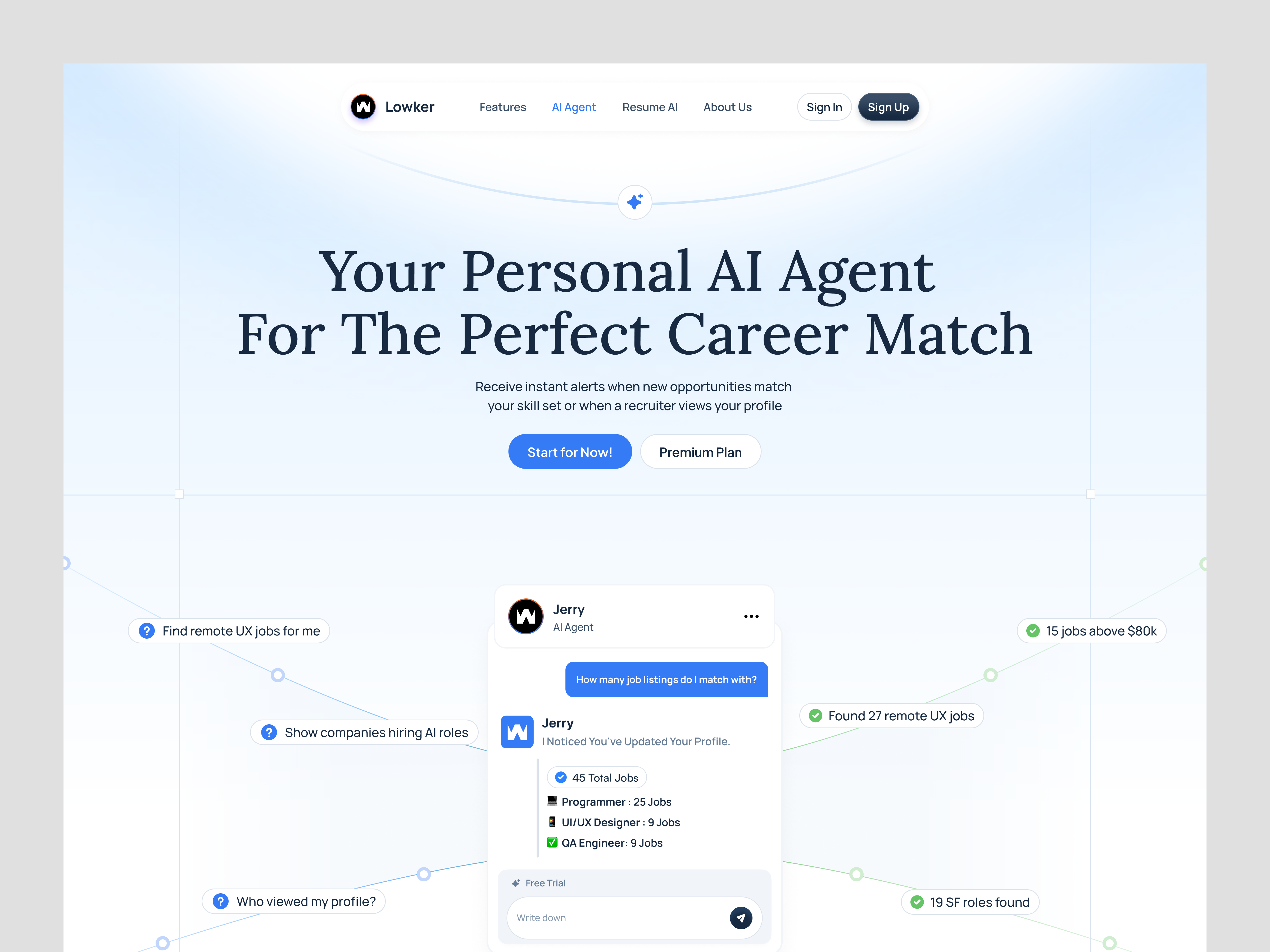 AI Job Agent Features Landing Page agent ai ai agent ai agent dashboard ai assistant ai carrer ai job career company hire hiring illustration job minimal modern ui ui design ux design website works