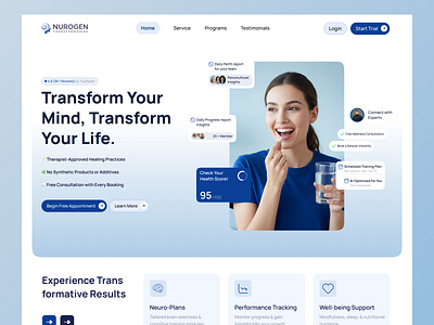 Mental Wellness & Biohacking Landing Page UI/UX Design ai design biohacking wellness app branding clean ui design figma product design hero section illustration landing page logo mental health app mobile app neuro science saas landing page ui ui design ui inspiration uidesign uiux web design trends 2025