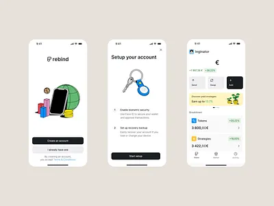 Rebind — Onboarding Motion System appdesign branding charts cleanui crypto dashboards defi designsystem financeapp fintech illustrationsystem modernui motiondesign productdesign rive tradingapp ui uxdesign visualidentity web3design