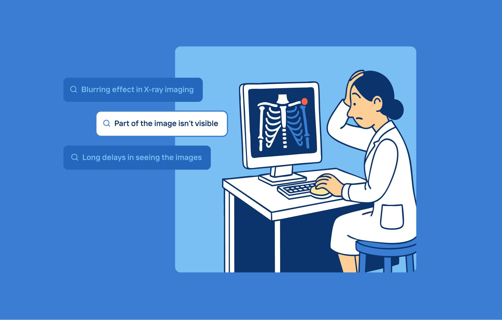 Keep medical devices up & running bold bright comic customer support flat hospital illustration imaging lab medical medical imaging problem troubleshoot vector xray