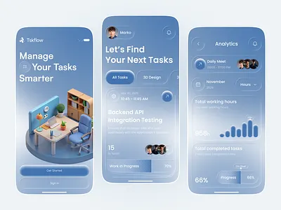 Taskflow, Smart Task Management App UI 3d illustration analytics ui business application clean design dashboard design effortless workflow interaction design mobile app design mobile uiux modern ui neumorphism performance tracking product design productivity app project management task management task management mobile app team collaboration tskflow app