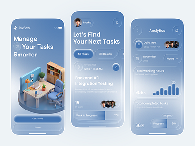 Taskflow, Smart Task Management App UI 3d illustration analytics ui business application clean design dashboard design effortless workflow interaction design mobile app design mobile uiux modern ui neumorphism performance tracking product design productivity app project management task management task management mobile app team collaboration tskflow app