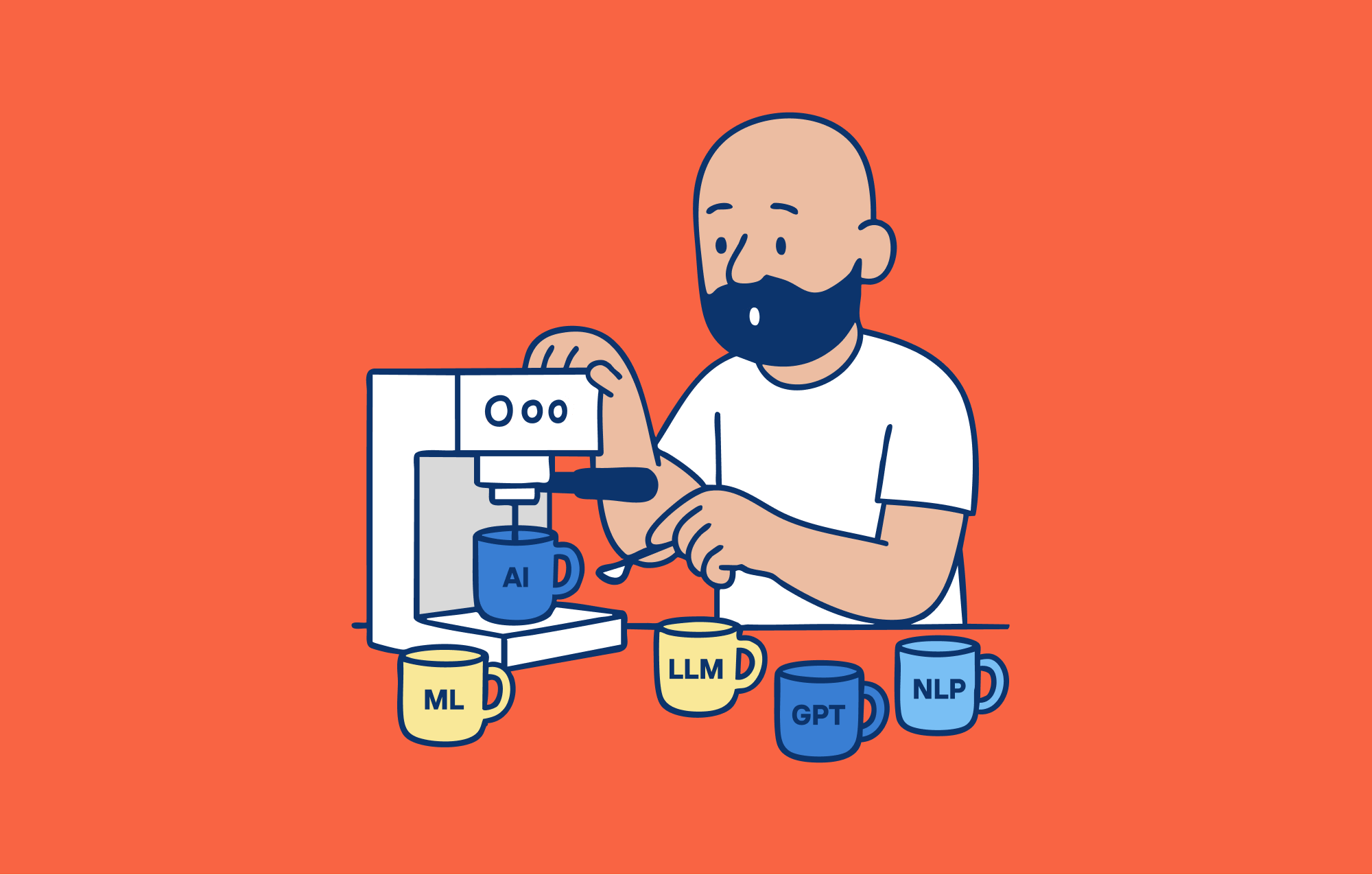 Pick your poison ai bald beard bold bright coffee cups espresso flat illustration llm machine man mugs vector