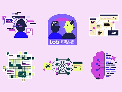 Dev '25 ai bold brain bright cloud code coding dev developer flat grid icon illustration intelligence network neural stickers vector web