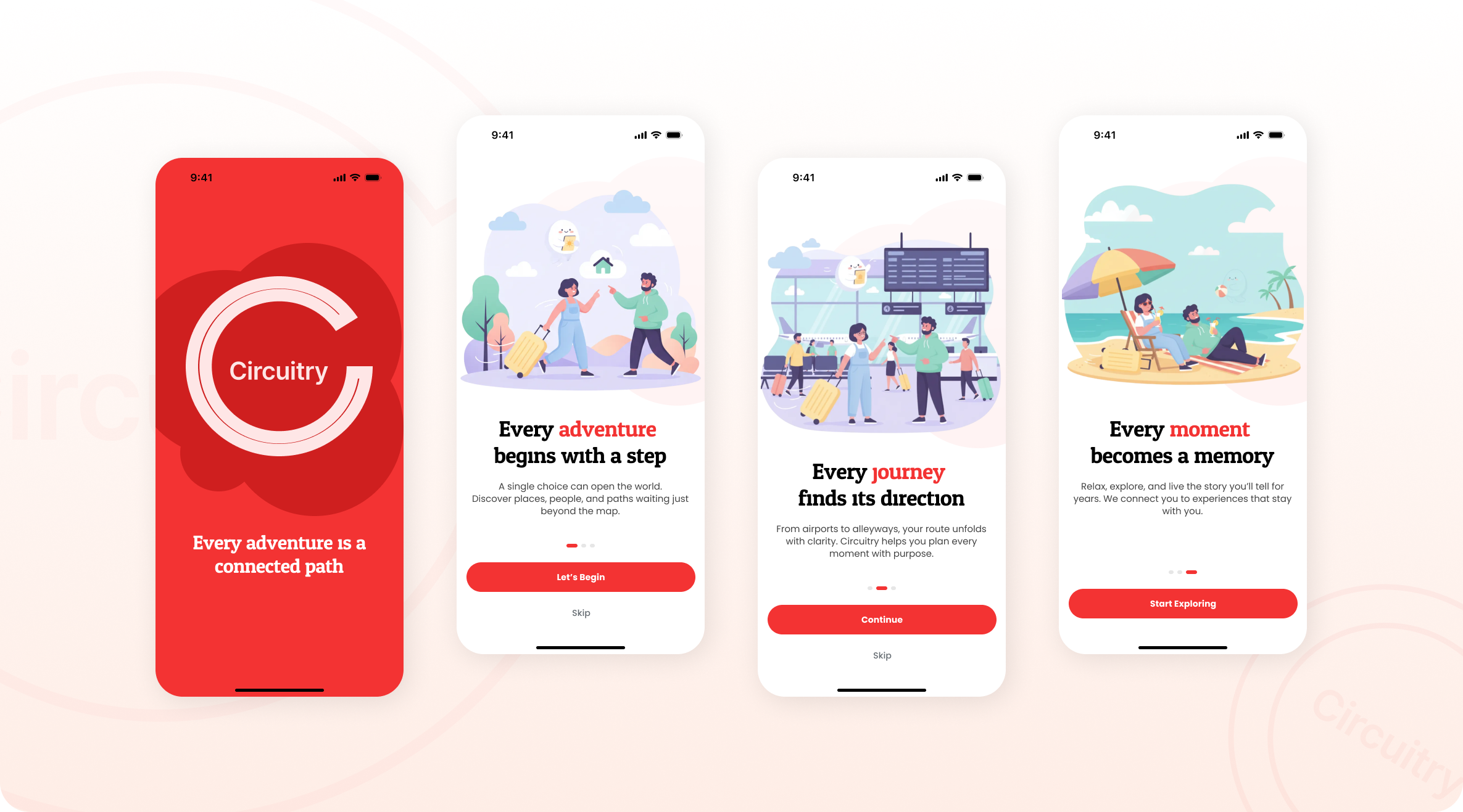 Circuitry — Travel App Onboarding Concept app design branding case study concept design design exploration illustration mobile app onboarding product design red palette storytelling travel app ui design user experience ux design