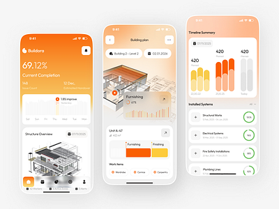 Buildora – Construction App UI app app design b2b building construction construction app construction managemen construction ui contractor app design mobile mobile app mobile app design mobile ui planning project project tracker saas service ui