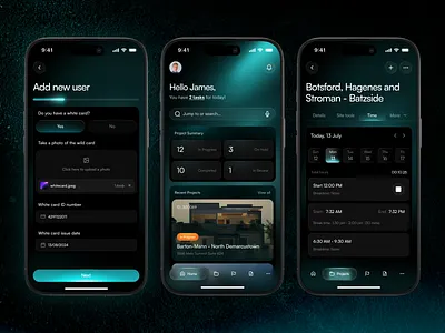 Construction Management Mobile App ✦ Nexvia aqua construction dark mode forms gradient lighting mobile app teal time tracking timesheets turquoise ui ux