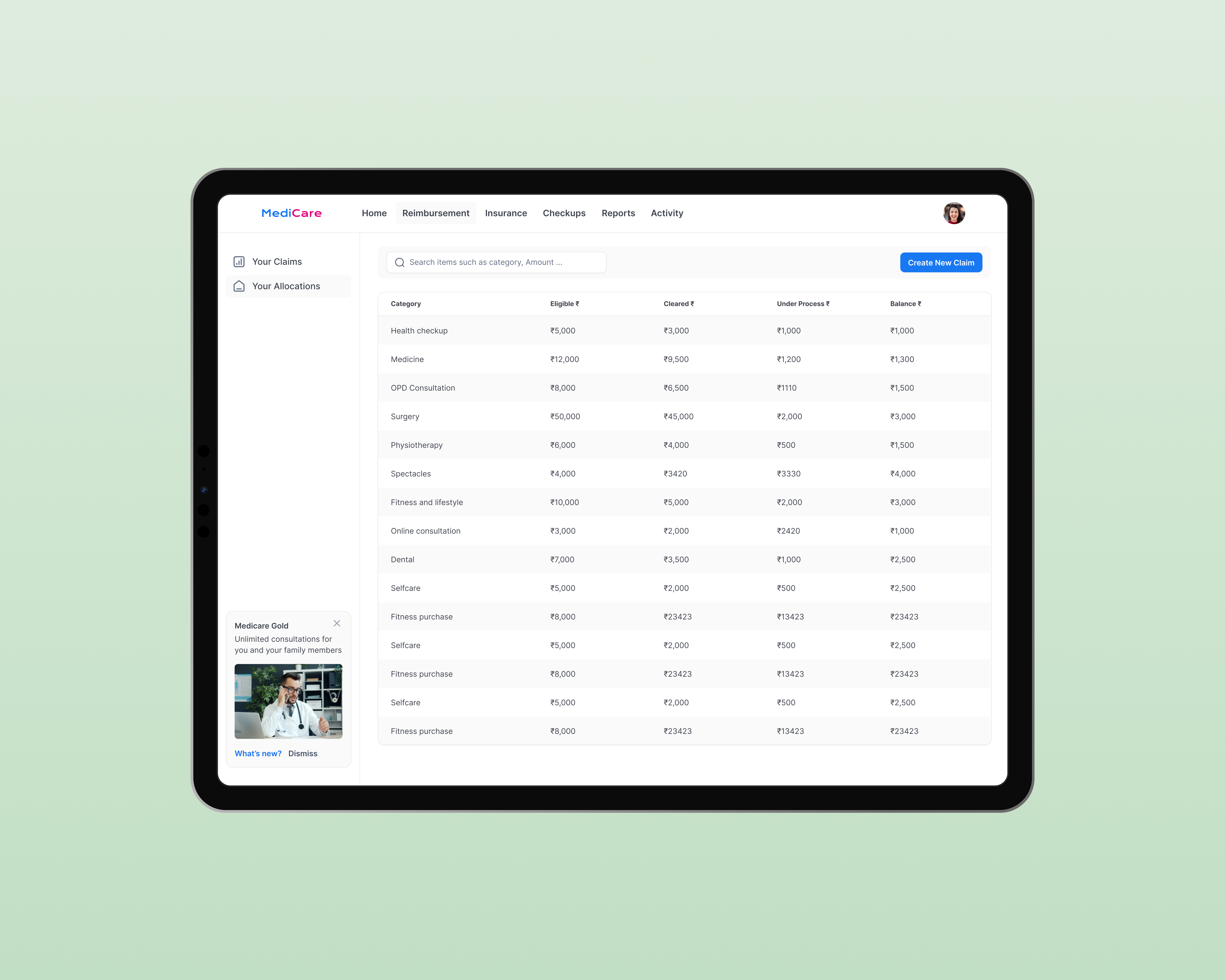 MediCare — Reimbursement Dashboard (Web UI) cleanui dashboard dashboarddesign datavisualization dribbble enterpriseui figmadesign healthcareui healthtech insuranceui minimaldesign productdesign tableui ui ux uxdesign webui