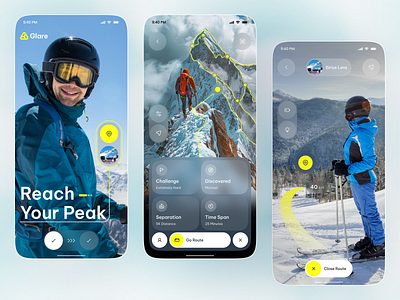 Glare – AR Mountain Navigation App UI adventure app app ar app ar navigation design explorer app glassmorphism gps app ui hiking app ios mobile mobile app mountain app navigation ui outdoor app design route planner ski app sports app tracking app ui ui