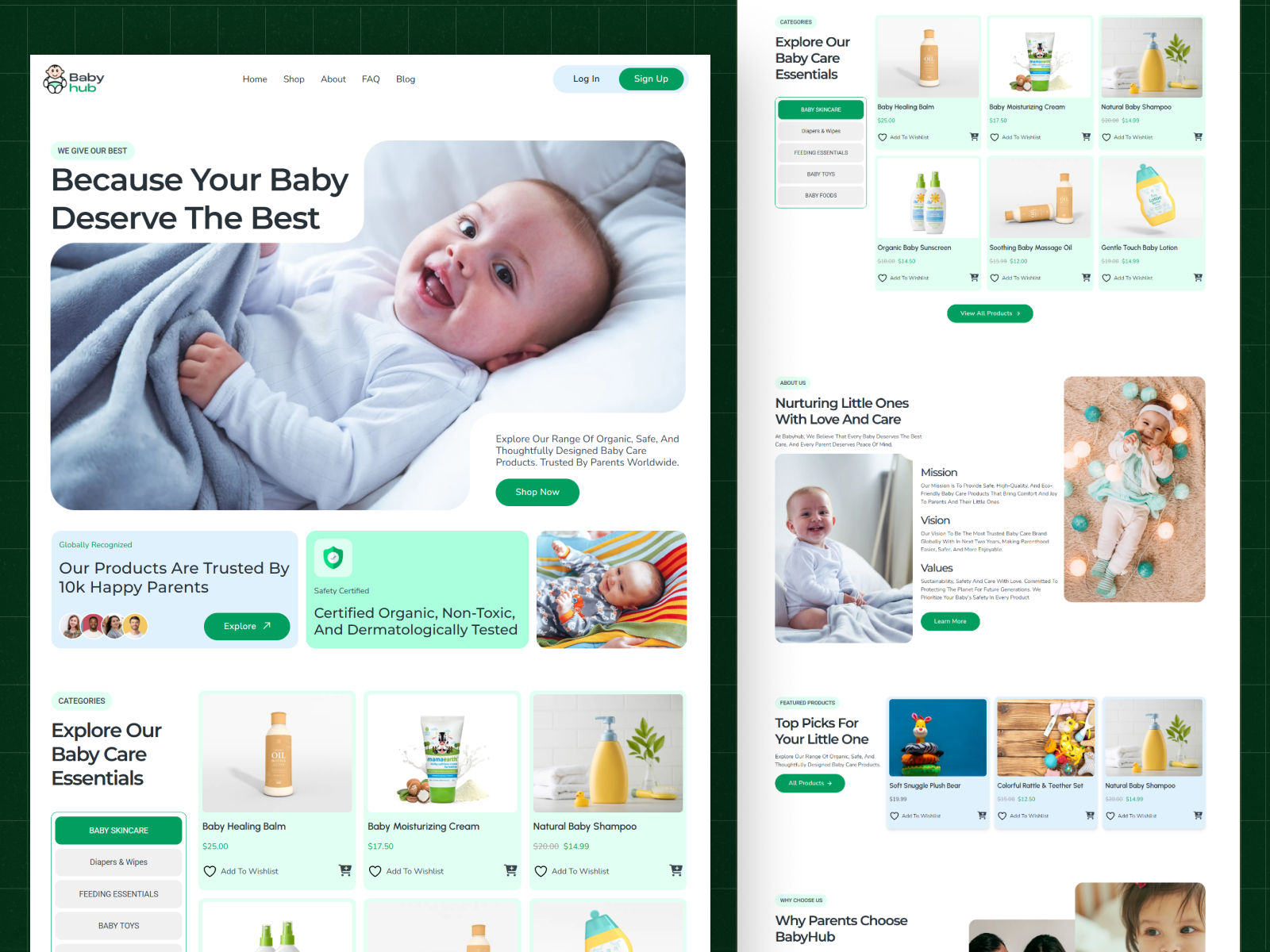 BabyHub - Baby Care E-commerce Platform baby care baby products clean design ecommerce figma green design healthcare landing apge minimalist mother care online shopping organic parenthood product design responsive shopify design trust design ui design uiux web design