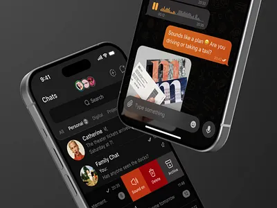 Chat Flow – Dark Mode Mobile App accent categories chat app clean layout conversations dark mode ios media preview messaging mobile product designer swipe actions user flow voice messages