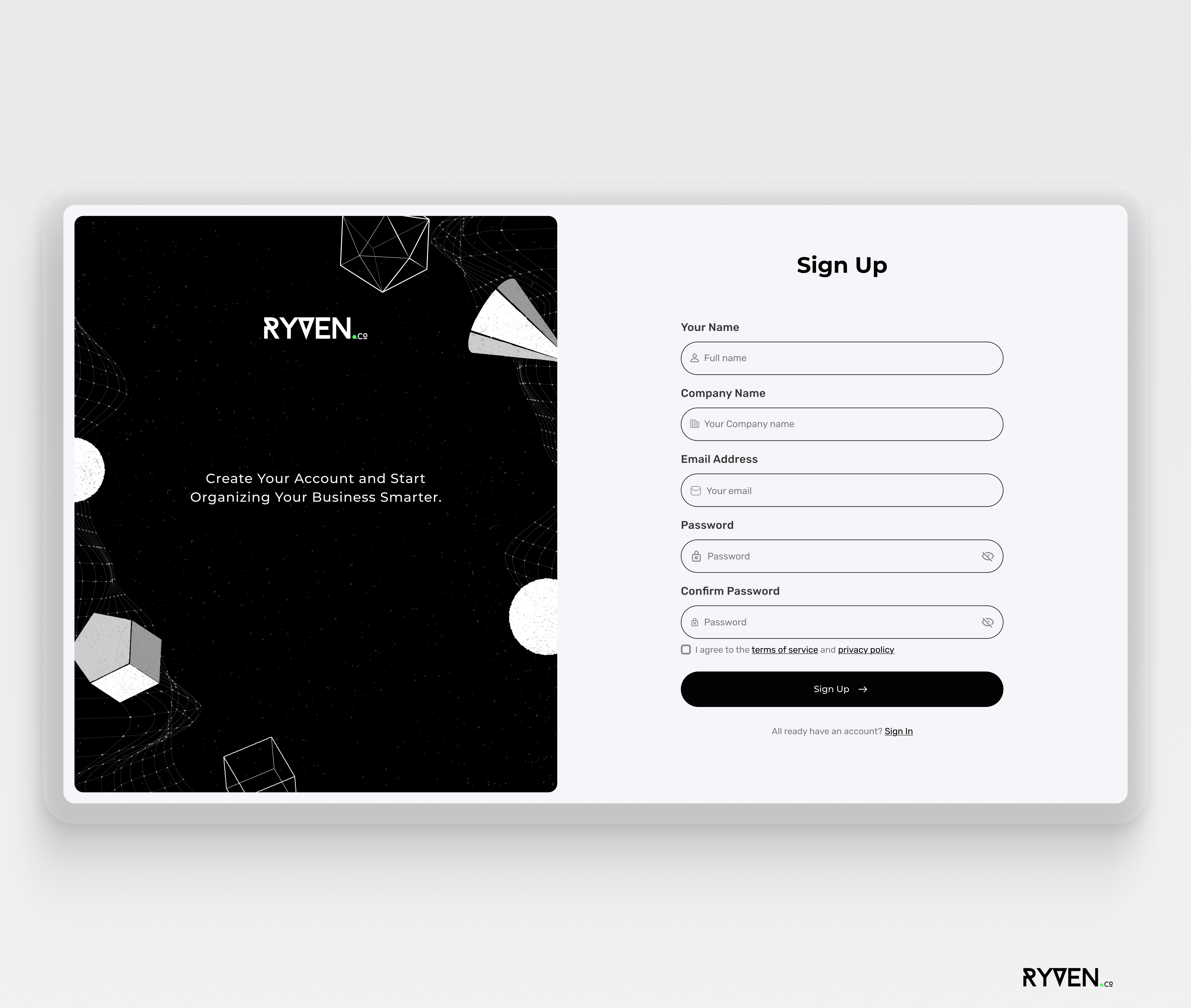 RYVEN CRM – Clean Onboarding Experience blackandwhite cleanui crm dashboarddesign designinspiration figmadesign interface minimaldesign onboardingui productdesign saasdesign signupform uidesign uitrends uxdesign webappdesign