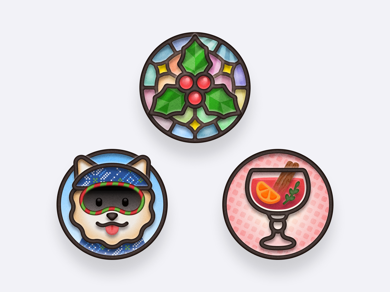 Badges 🎄🐕🍷 animal badge beverage christmas church cute dog sledge goggles growpal holiday holly illustration ios app mosaic mulled wine pin shiba inu stained glass window sticker winter