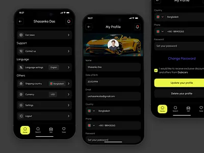 Profile Page - Luxury Car Buy & Sell Mobile App app design best mobile app design booking car car app car buy car sell dark ui edit profile mobile mobile app modern ui profile profile page profile setting rent a car rental app settings shasanko creations tesla user profile