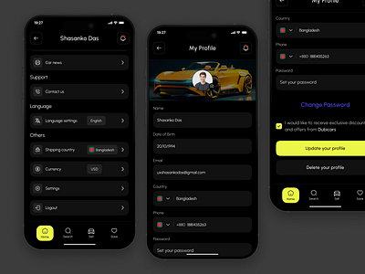 Profile Page - Luxury Car Buy & Sell Mobile App app design best mobile app design booking car car app car buy car sell dark ui edit profile mobile mobile app modern ui profile profile page profile setting rent a car rental app settings shasanko creations tesla user profile