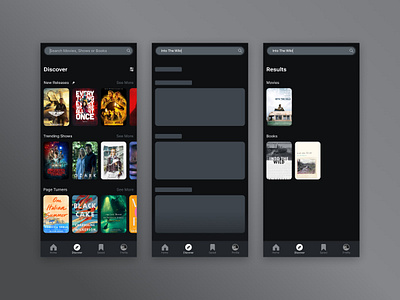 RCMNDR Movie Tracker - Search & Results app app design book books clean concept dark design minimal mobile movie movie tracker movies product design tv tv show tv shows ui user interface