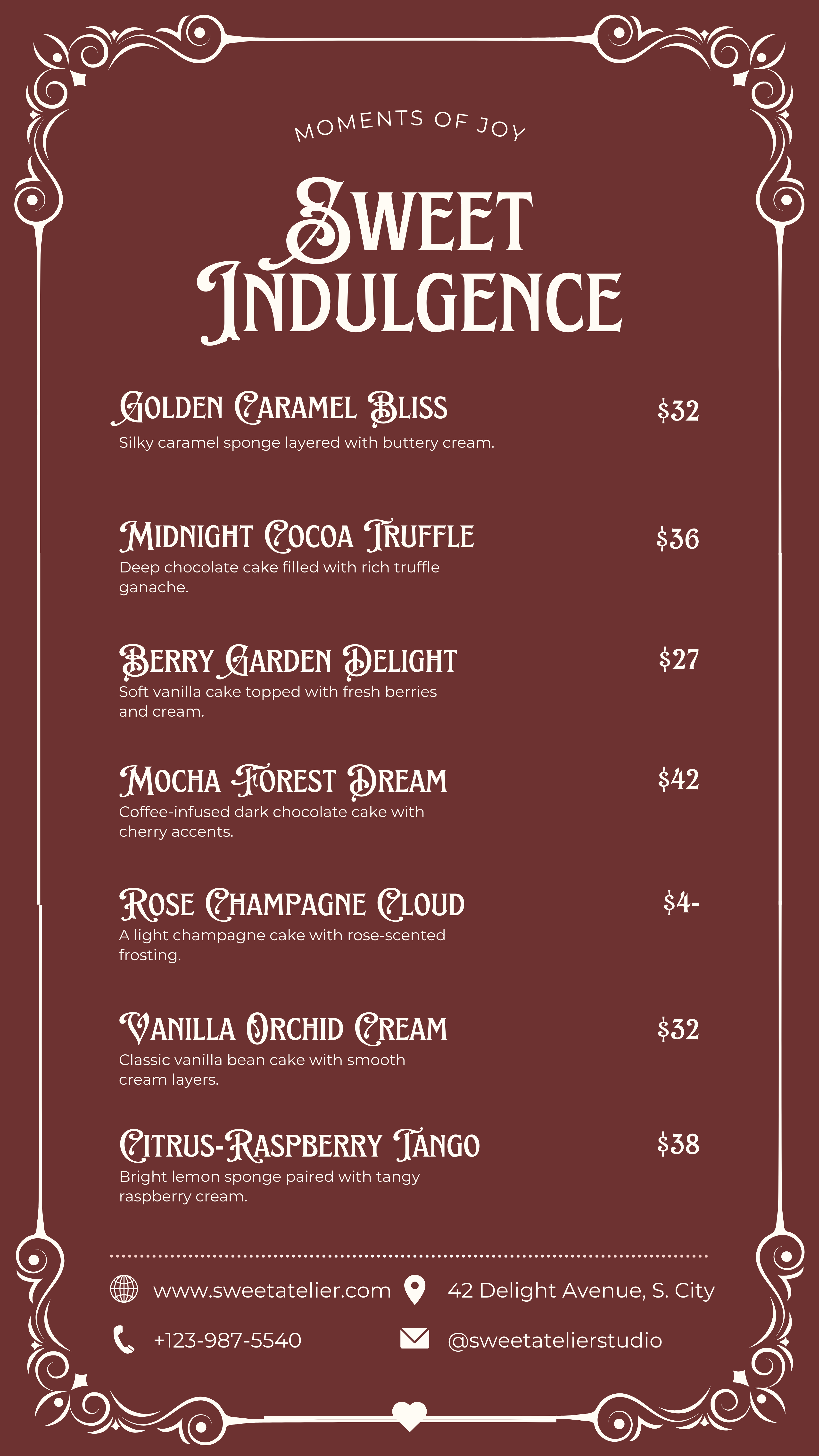 Dessert Menu Design - Vintage Luxury Style bakery menu bordeaux design cafe menu classic typography decorative menu dessert menu elegant menu figma food branding hospitality illustrator luxury menu menu design ornate design patisserie branding print design restaurant design sweet shop victorian style vintage design